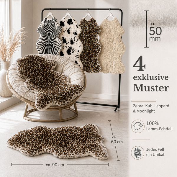 Echtes Lammfell, Muster Leopard, Zebra und Kuh, circa 90 mal 60 Zentimeter, Florhöhe 50 Millimeter, jedes Teil ein Unikat.