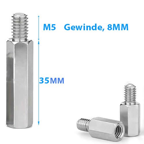 Sechskant Abstandshalter mit M5 Gewinde, 8 Millimeter Gewindelänge und 35 Millimeter Gesamtlänge aus Metall.