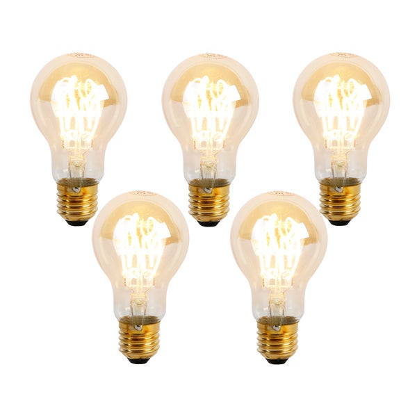 Fünf LED-Filament-Leuchtmittel in Birnenform mit E27-Sockel und sichtbarem Leuchtdraht.