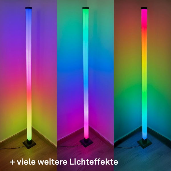 Schlanke LED-Stehleuchte für Ecken mit verschiedenen RGB-Farbverläufen und Lichteffekten.