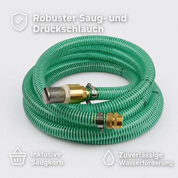 Robuster Saug- und Druckschlauch mit Saugkorb und Anschlussstutzen für eine zuverlässige Wasserförderung.