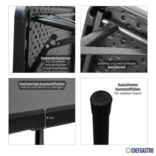 Details eines Klapptisches: Klappmechanismus, stabiles Stahlgestell, 4 Zentimeter dicke Kunststoffplatte und rutschfeste Füße. CHEFGASTRO Logo.