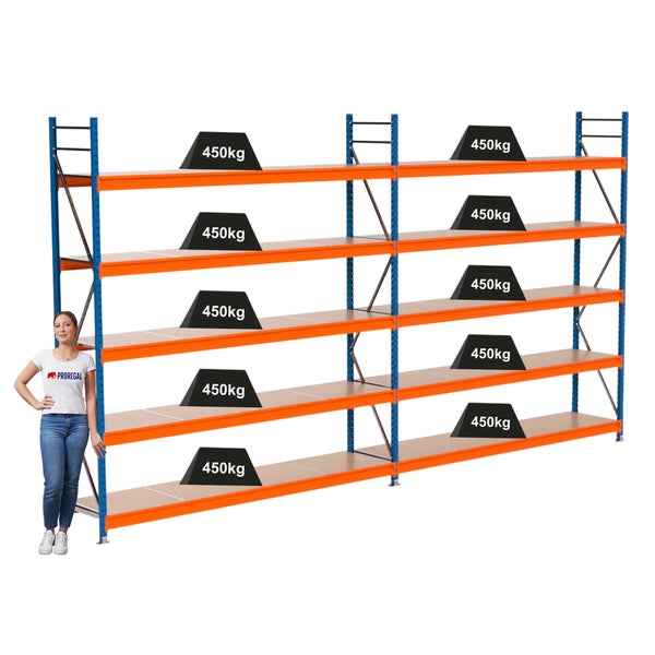 Regal mit mehreren Ebenen und einer maximalen Belastbarkeit von 450 Kilogramm pro Ebene.