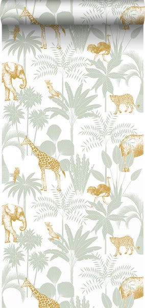 Vliestapete mit Dschungel-Motiv, goldenen Tieren wie Giraffe, Elefant, Leopard und grünen Palmenblättern auf weißem Hintergrund.