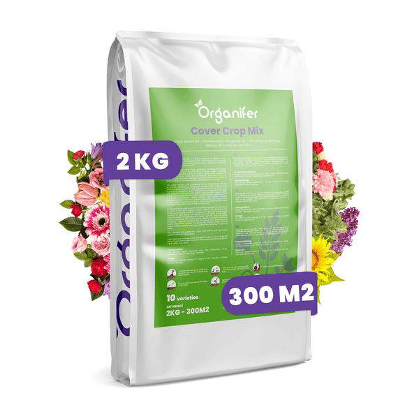 Packung Organifer Gründüngung Mischung, 2 Kilogramm für 300 Quadratmeter, enthält 10 Sorten.