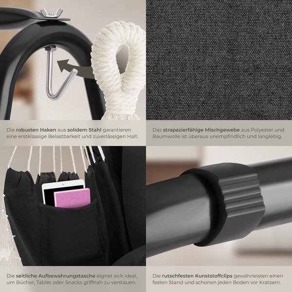 Hängesessel tectake Alison 85 x 100 x 154,5 cm 3 extra dicke Kissen schwarz