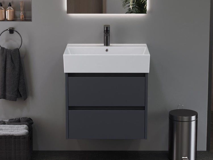 Aqua Bagno Basic Plan Waschbecken 10.16.30.04.2 – 60 x 45 cm – Weiß Hochglanz – Keramikbecken mit Hahnloch & Überlauf
