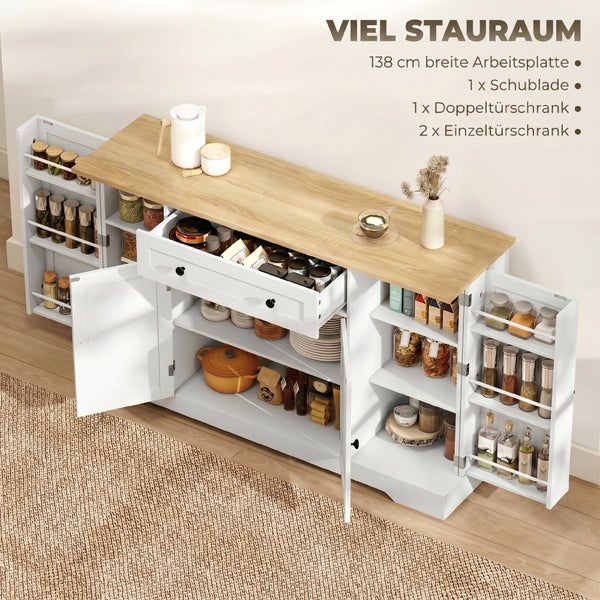Weißes Küchen-Sideboard, 138 cm breit, mit Arbeitsplatte in Holzoptik, Schublade, Doppeltürschrank und Seitenschränken mit Stauraum.