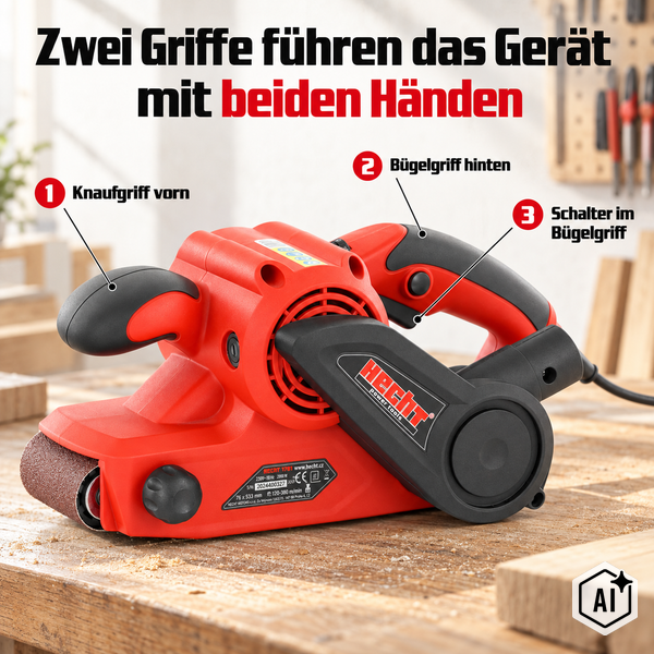 Hecht Bandschleifer für Schleifbänder mit einer Größe von 76 mal 533 Millimeter auf einer Holzoberfläche.