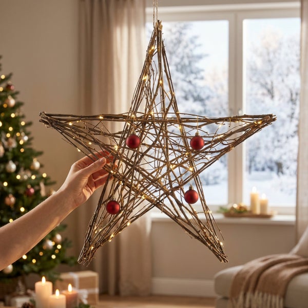 Ein dekorativer Stern aus Zweigen mit integrierter LED Beleuchtung und Weihnachtskugeln, gehalten von einer Hand in weihnachtlicher Umgebung.