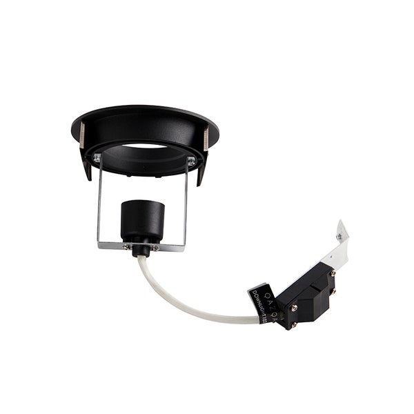 Schwarzer Einbaustrahler aus Metall mit externer Anschlussdose und Kabel.