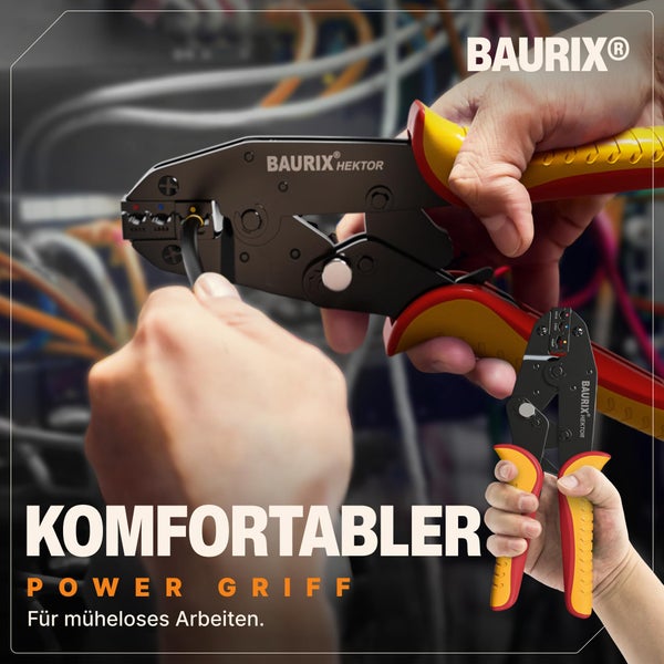 BAURIX® Crimpzange I Kabelschuhzange für 0,50-6,00 mm² Kabelhülsen I Kabelschuh Zange I Crimpzangen I Krimpzange I Crimp Zange I Presszange