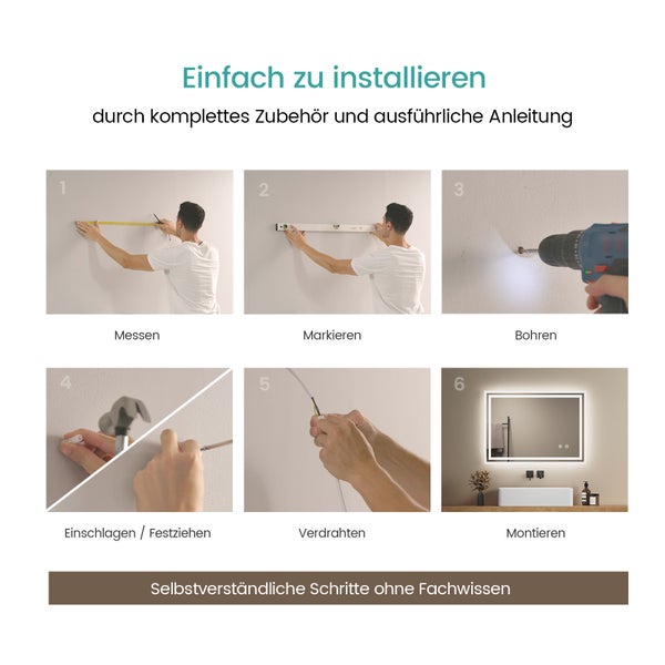 EMKE Badspiegel mit Beleuchtung 70 x 50 cm, Kaltweiß, Touchschalter & Beschlagfrei, dimmbar, IP44, für Bad