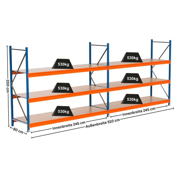 Lagerregal mit drei Ebenen und Gewichtsangaben