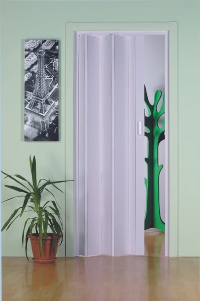 Innenaufnahme mit einer Falttür, einer Topfpflanze und einem Bild von einem Turm