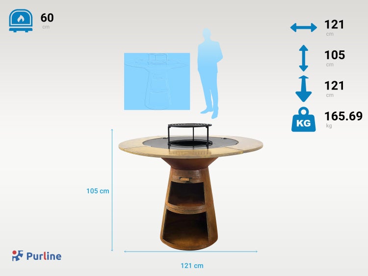 Purline Grilltisch mit den Maßen 60 cm Tiefe, 121 cm Breite und 105 cm Höhe, Gewicht 165,69 kg