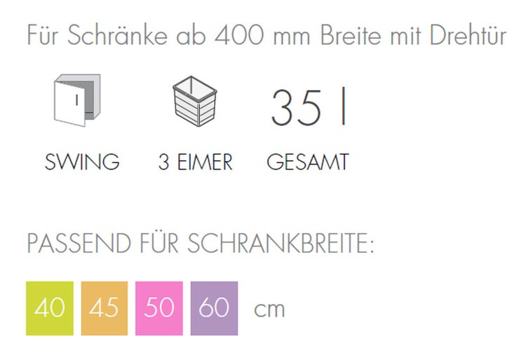 Informationen zu Schränken ab 400 mm Breite mit Drehtür, Schwinge mit drei Eimern und einem Gesamtvolumen von 35 Litern, passend für Schrankbreiten von 40, 45, 50 und 60 Zentimetern.