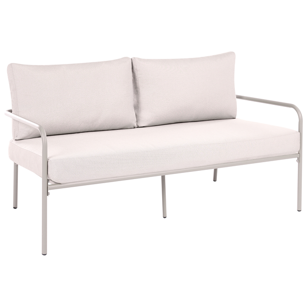 2-Sitzer Gartensofa mit Metallgestell, gepolsterter Sitzfläche und zwei Rückenkissen.
