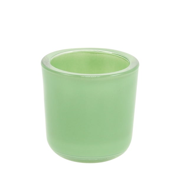 Grüner Orchideentopf aus Glas mit dickem Rand und abgerundetem Boden.