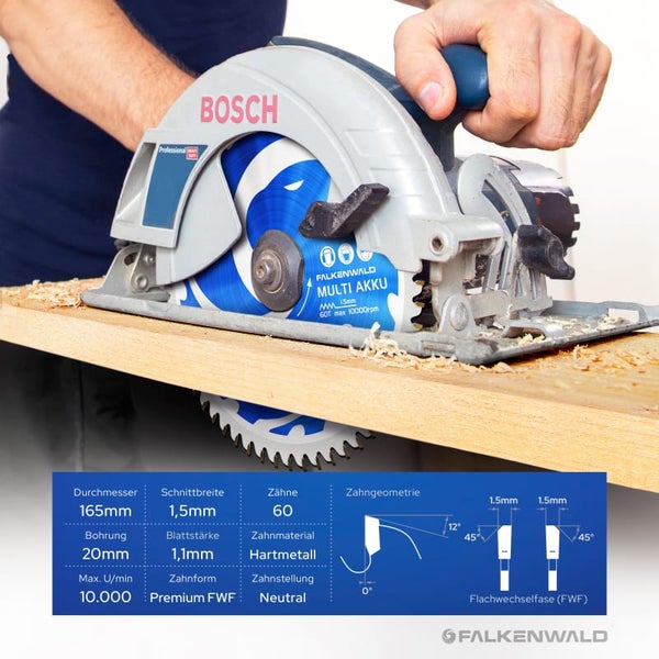 FALKENWALD ® Akku Sägeblatt 165x20 60 Zähne - Ideal für Holz, Metall & Alu - Multi Kreissägeblatt 165x20 Akku - Kompatibel mit Tauchsäge & Kreissäge von Bosch & Makita - 165x20 Sägeblatt