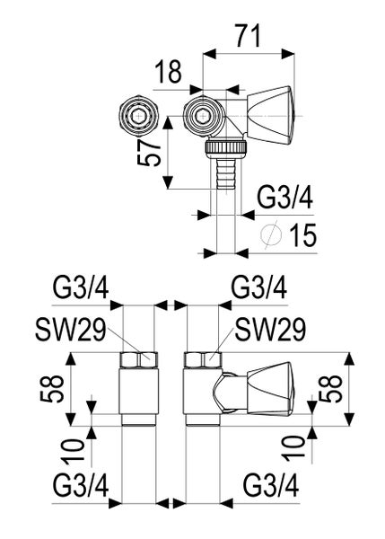Technische Maßzeichnung einer Armatur mit Maßangaben in Millimetern und G 3/4 Zoll Gewindeanschluss.