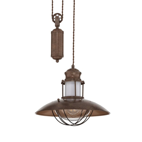 Höhenverstellbare Pendelleuchte im Industrial-Stil mit Seilzug und Gegengewicht, aus braunem Metall und Glas.