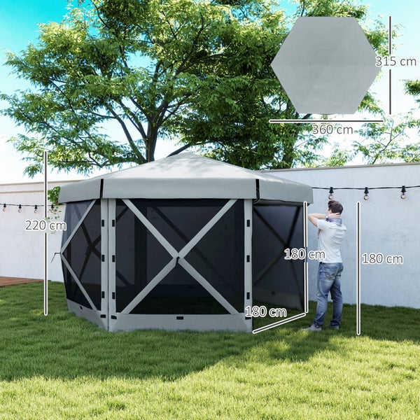 Outsunny Pavillon sechseckig ca. 3,6x3m Wasserdicht Pop-up Faltpavillon mit 5 Seitenteilen Tasche Faltbar Partyzelt UV 30+ Winterfest Gartenzelt Gartenpavillon für Camping Garten Festival, Hellgrau