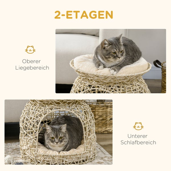 PawHut Katzenhaus aus Rattan, 42 x 42 x 40 cm, PE Rattan, Beige