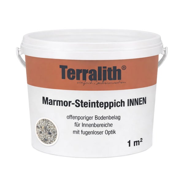 Terralith Marmor-Steinteppich Innen für circa 1 Quadratmeter, offenporiger Bodenbelag für Innenbereiche in einem Eimer.