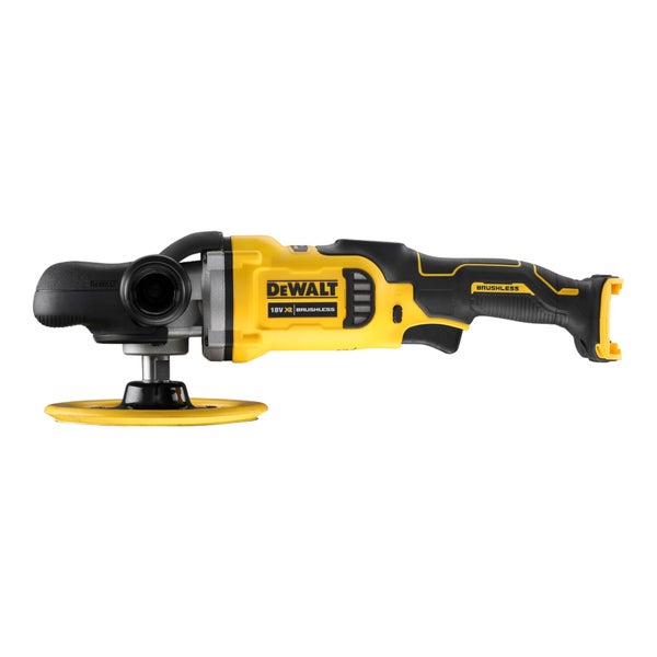 Gelb-schwarzer DeWalt Akku-Rotationspolierer 18 Volt XR bürstenlos mit Polierteller.