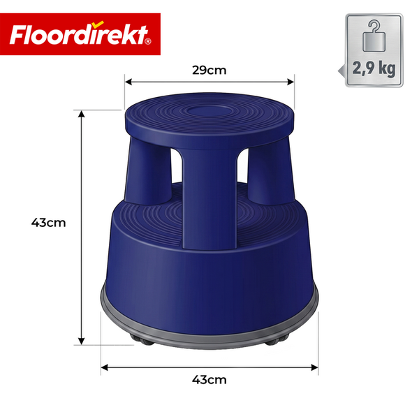 Floordirekt Logo. Rollhocker mit zwei Stufen. Höhe 43 Zentimeter, Durchmesser oben 29 Zentimeter, Durchmesser unten 43 Zentimeter. Gewicht 2,9 Kilogramm.
