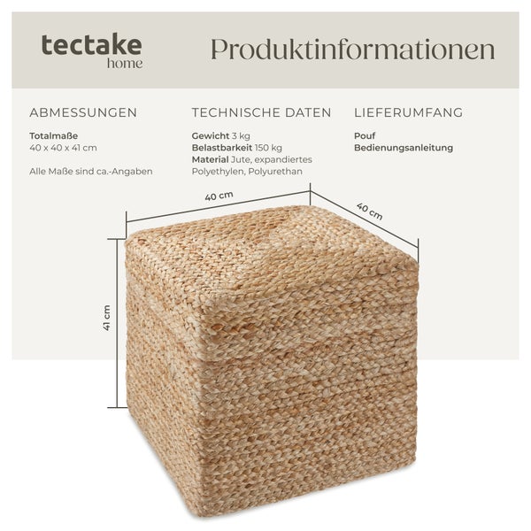Produktinformationen für einen Pouf aus Jute mit den Maßen 40 x 40 x 41 cm.