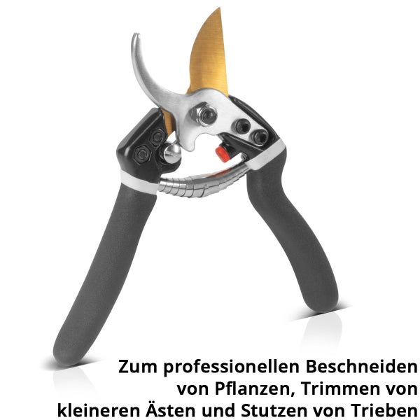 Bypass-Gartenschere mit goldfarbener Klinge und schwarzen ergonomischen Griffen zum professionellen Beschneiden von Pflanzen, Ästen und Trieben.