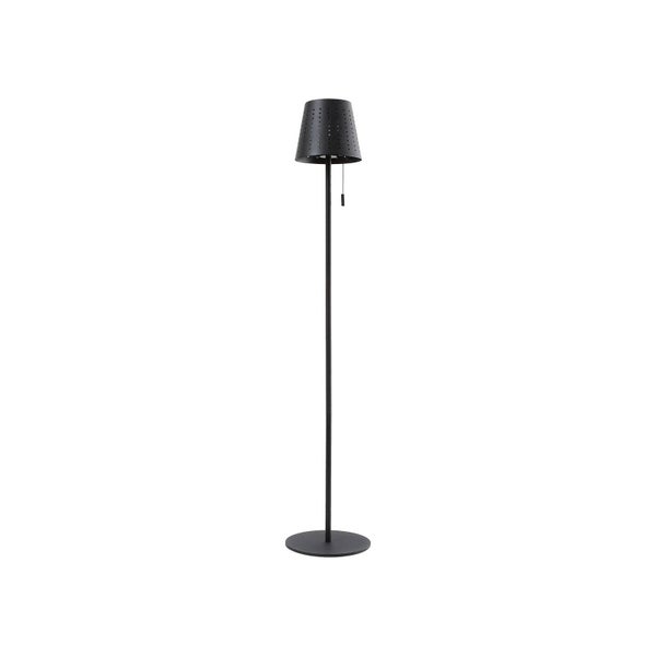 Schwarze Stehlampe aus Metall mit perforiertem Schirm und Zugschalter.