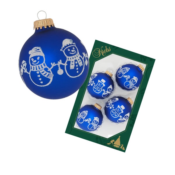 Königsblau matt 7cm Glaskugel mit weißer Banddekoration Schneemänner bestreut, 4 Stck., Weihnachtsbaumkugeln, Christbaumschmuck, Weihnachtsbaumanhänger