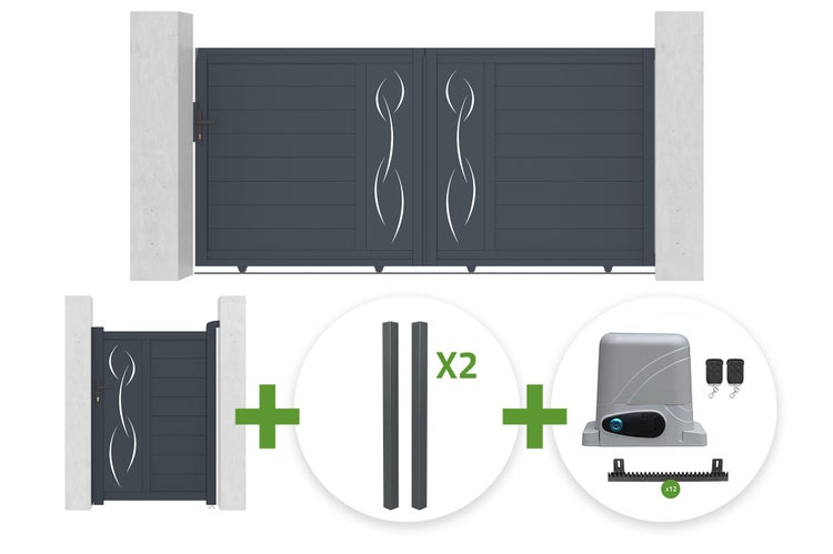 Einfahrtstor-Set mit zweiflügeligem Schiebetor, Gartentür mit Ziermuster, zwei Pfosten und elektrischem Torantrieb mit Fernbedienungen.