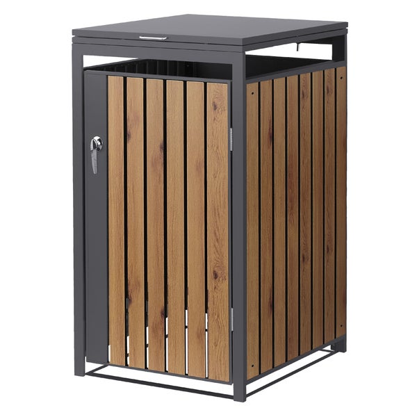 Mülltonnenbox aus Metall in Anthrazit mit Verkleidung in Holzoptik für eine Mülltonne.