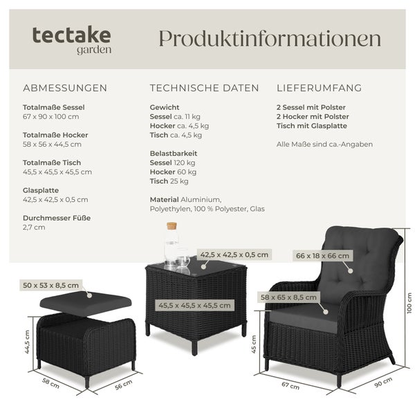 Rattan Sitzgruppe tectake Benissa mit Sicherheitsglasplatte für 2 bis 4 Personen schwarz/grau