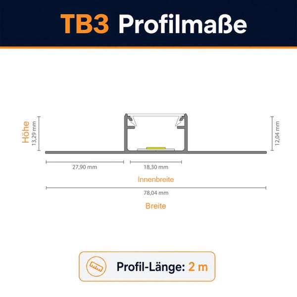 Technische Zeichnung mit Maßangaben für das TB3 LED Einbauprofil mit 2 Meter Länge