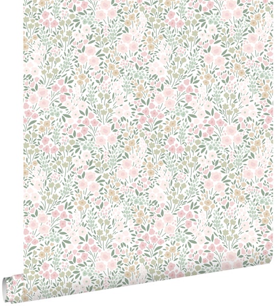 ESTAhome Tapete Blumen Hellrosa und Grün - 53 cm x 10.05 m - 139532