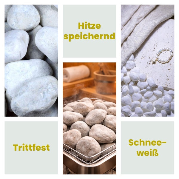 Collage mit Saunasteinen, die Hitze speichern, trittfest und schneeweiß sind