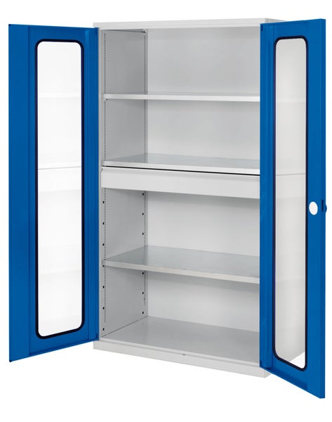 Offener Stahlschrank mit Glastüren und Regalböden