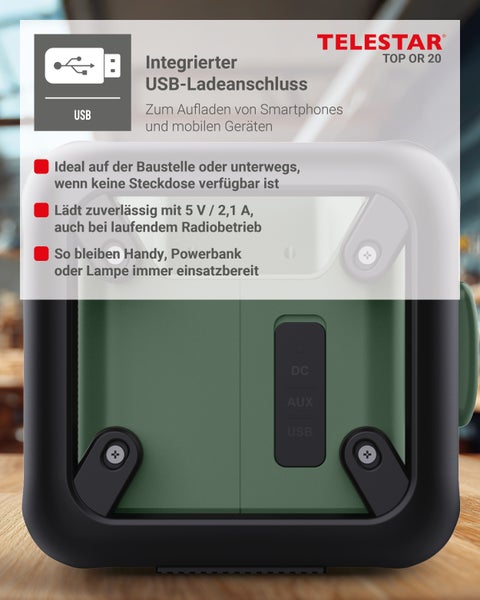 Telestar Top OR 20 Baustellenradio mit integriertem USB Ladeanschluss zum Aufladen von Smartphones und mobilen Geräten.