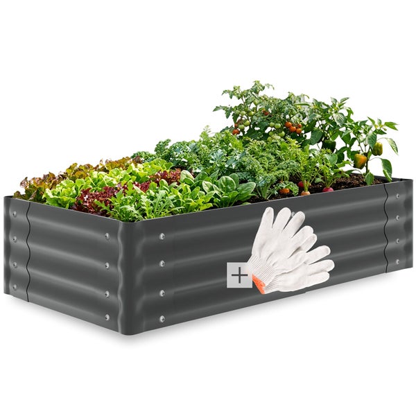 Hochbeet aus Metall mit Gemüse und Gartenhandschuhen