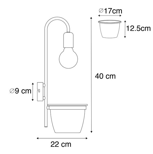 Technische Zeichnung einer Wandleuchte mit Pflanztopf und Maßangaben