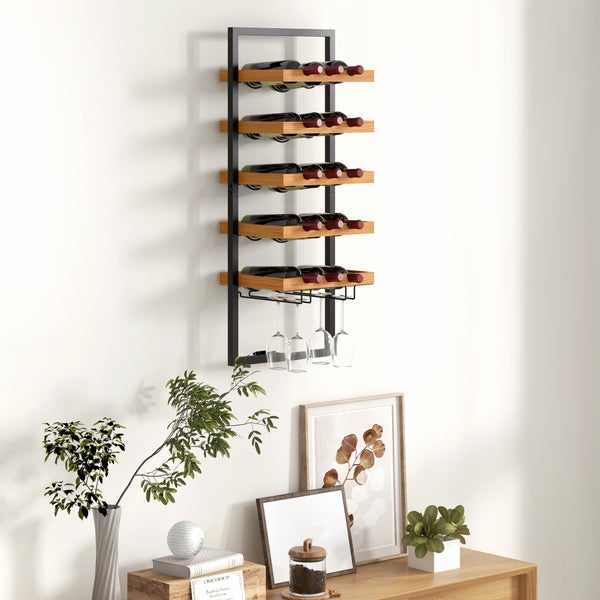 HOMCOM Weinregal Wand Flaschenregal für 15 Flaschen mit 5 Ebenen, Glashaltern Flaschenhalter für Küche, Bar, Esszimmer, Holz Braun