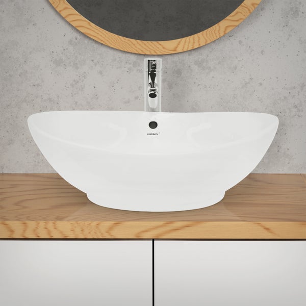ECD Germany Waschbecken Waschtisch 590x390x200 mm Weiß aus Keramik Oval - Aufsatzbecken Aufsatzwaschbecken Handwaschbecken Aufsatzwaschtisch Spülbecken Becken Wasserfall Waschschale Waschschüssel