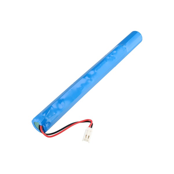 Blauer zylindrischer Akku mit Kabel und zweipoligem Stecker.