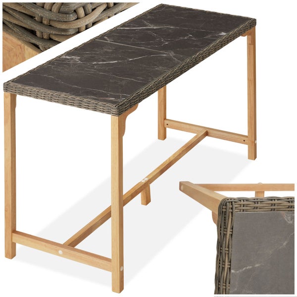 Bartisch mit Tischplatte in Marmoroptik und Rattanrahmen auf Holzgestell