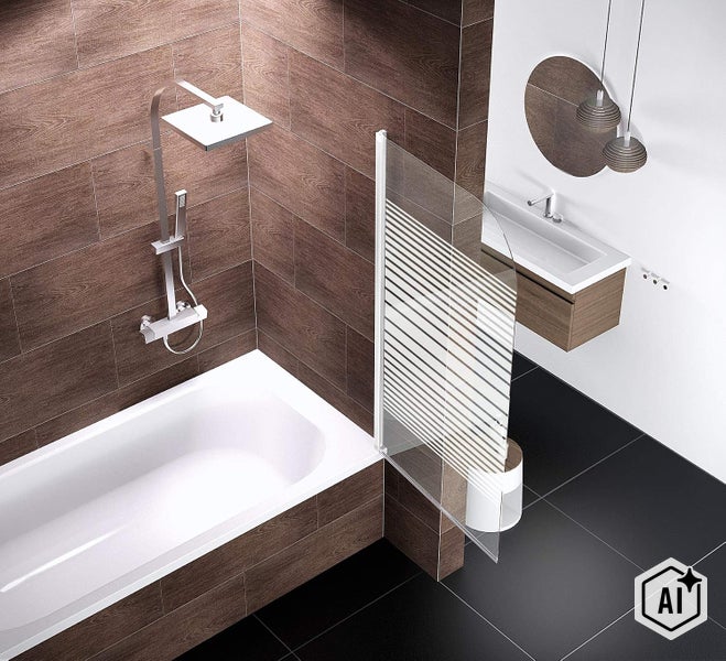 Modernes Badezimmer mit Badewanne, Duschabtrennung mit Streifendekor, Regendusche und wandhängendem Waschbecken mit Holzunterschrank.